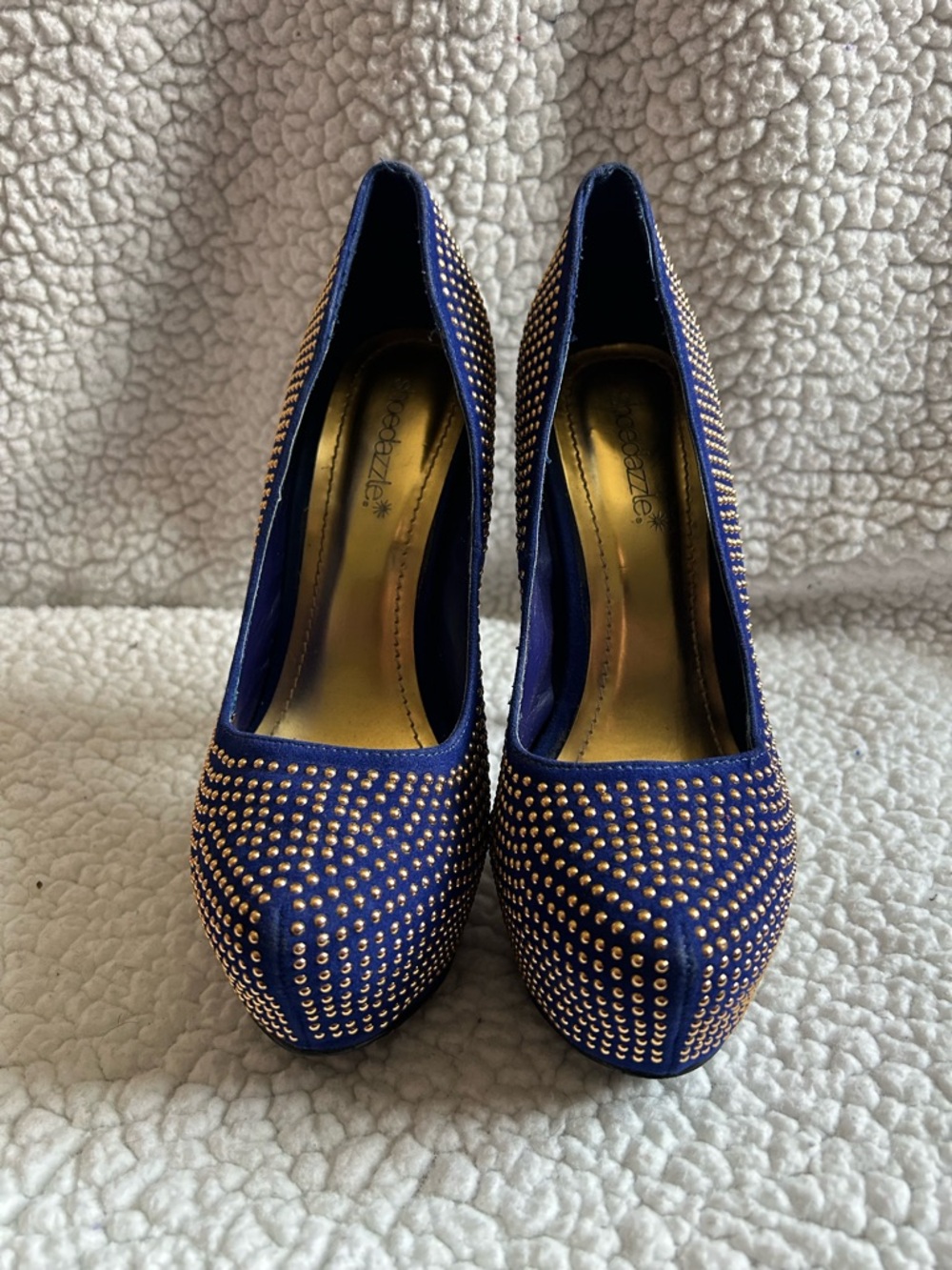 Shoe Dazzle Royal Blue Gold-Studded Platform Pumps